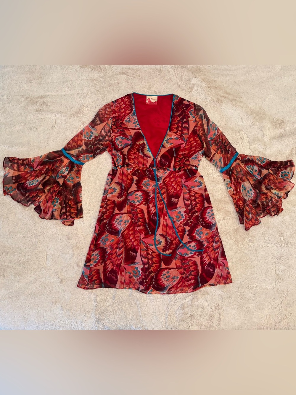 Red Butterfly Bell-Sleeve Baby Doll Dress